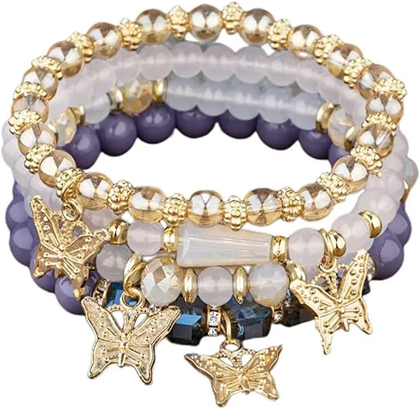 Fuqimanman2020 4Pcs Bohemian Butterfly Crystal Stone Stretch Bracelets Multi-Layer Beaded Stackable Stretch Bracelet Set Handmade Colorful Butterfly Charm Bracelets for Women