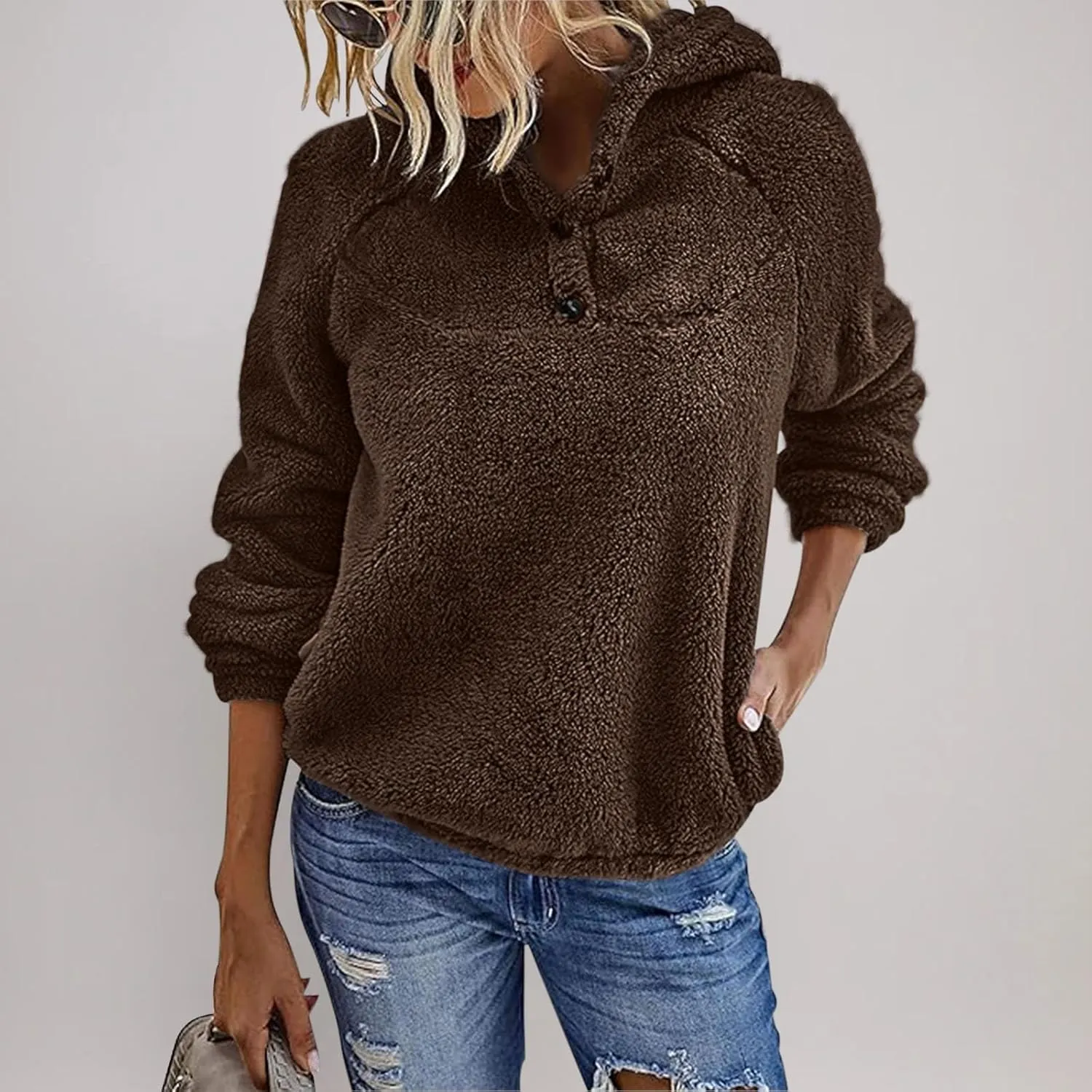 Fuzzy Fleece Hoodie for Women Oversized Sherpa Pullover Sweatshirt Thermal Sweater Winter Outerwear Fluffy Teddy Coat