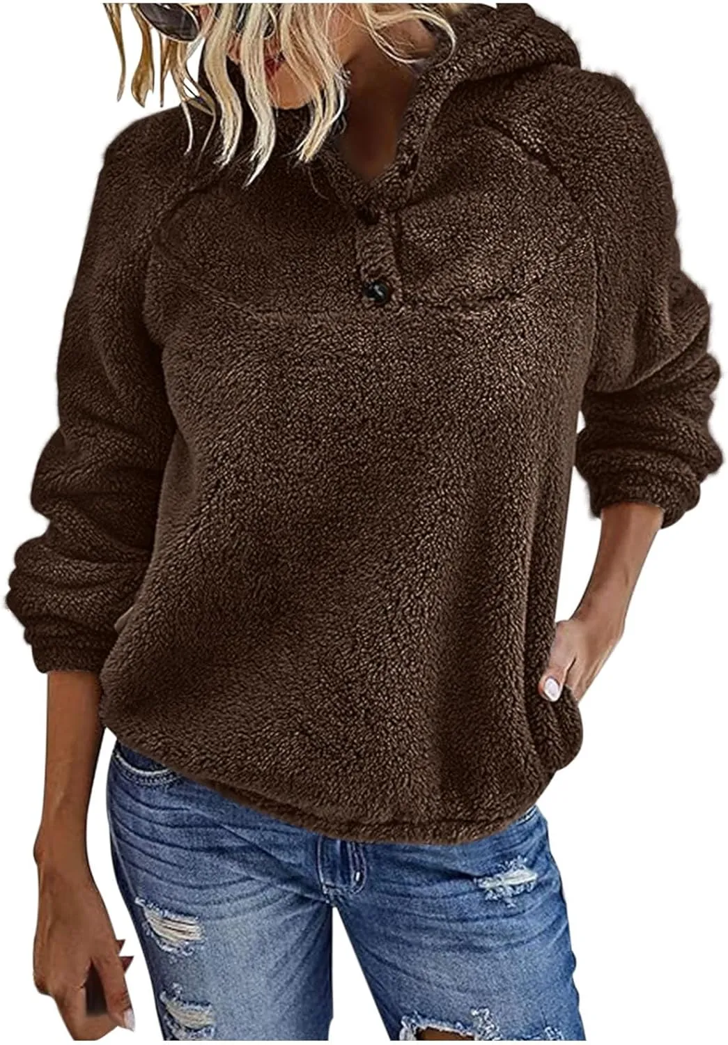 Fuzzy Fleece Hoodie for Women Oversized Sherpa Pullover Sweatshirt Thermal Sweater Winter Outerwear Fluffy Teddy Coat