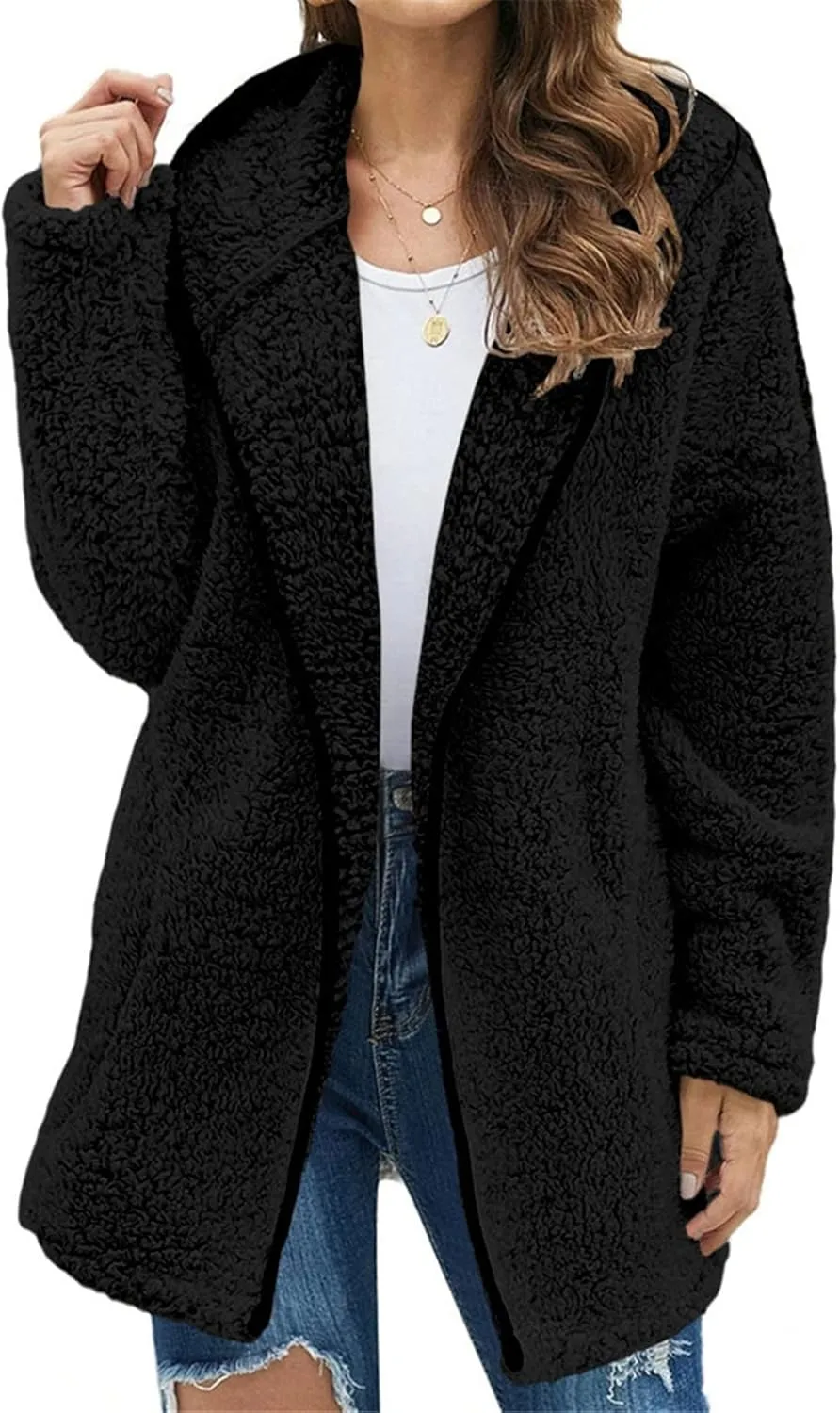 Fuzzy Fleece Jacket Women Full Zip Up Hooded Winter Coats Sherpa Lined Fluffy Hoodie Oversized Faux Fur Outerwear