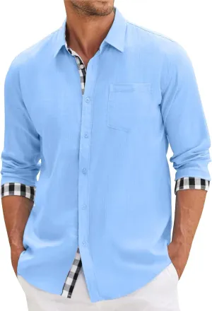 Generic Men Button Down Shirts Long Sleeve Fall Casual Dress Shirt Solid Color Textured Wrinkle-Free Untucked Shirt
