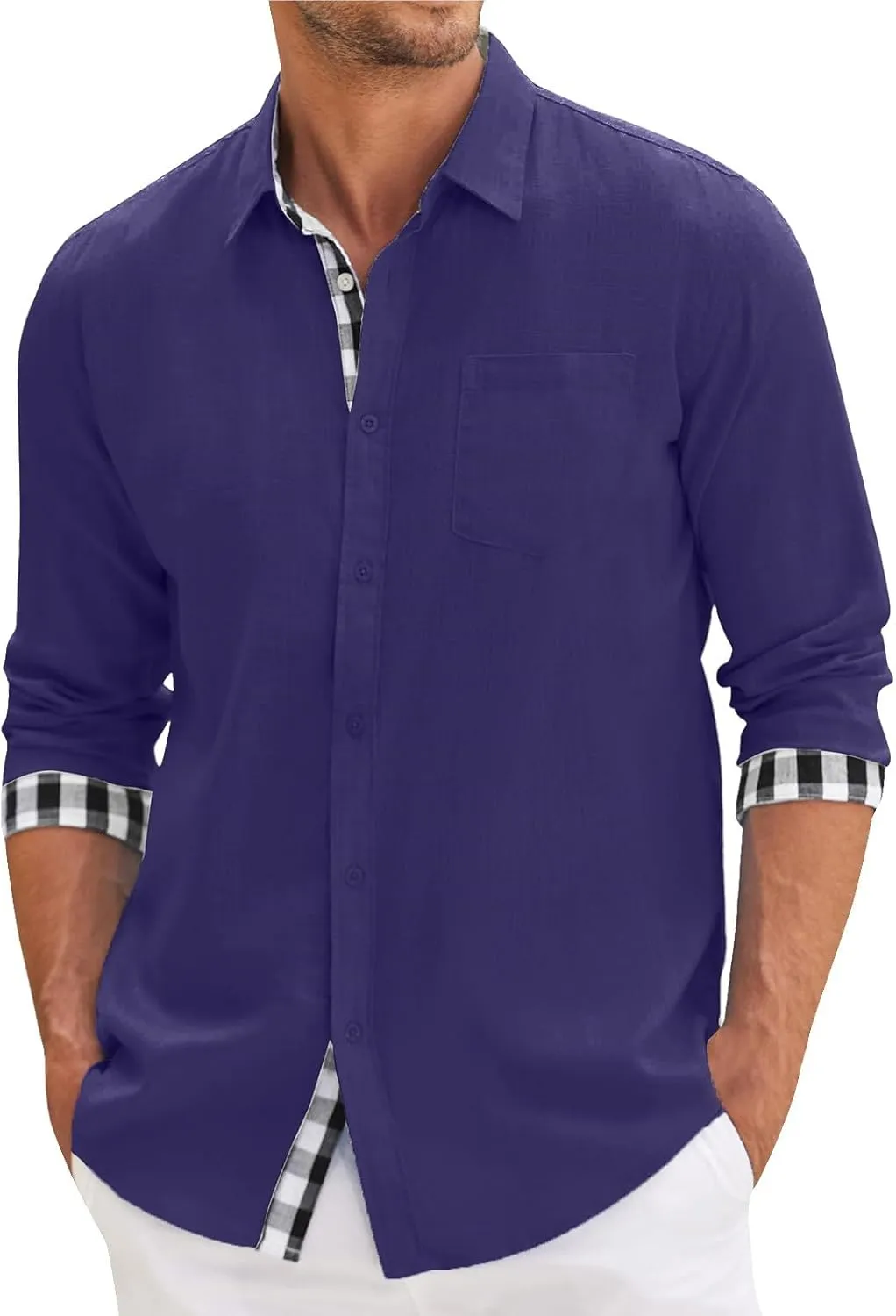 Generic Men Button Down Shirts Long Sleeve Fall Casual Dress Shirt Solid Color Textured Wrinkle-Free Untucked Shirt