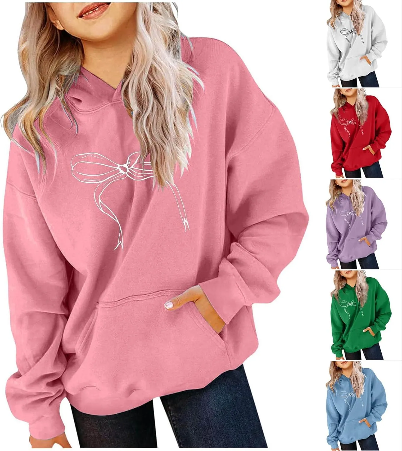 Girls Bow Printed Oversized Hoodies Loose Casual Long Sleeve Pullover Cute Sweatshirt Tops with Pocket for 5-14Y
