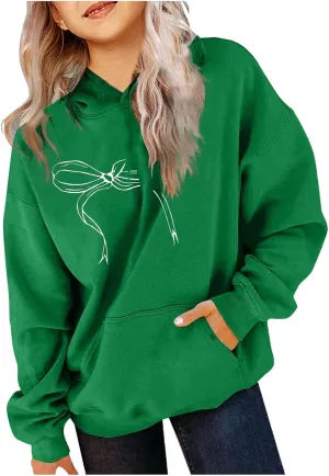 Girls Bow Printed Oversized Hoodies Loose Casual Long Sleeve Pullover Cute Sweatshirt Tops with Pocket for 5-14Y