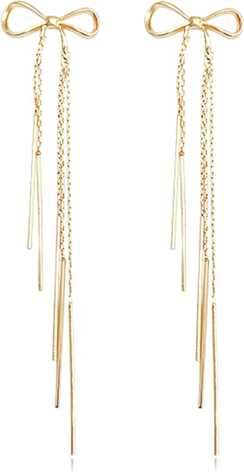 Gold Bow Earrings for Women Long Chain tassel Earring Fairy statement Earrings Valentines Jewelry Gifts