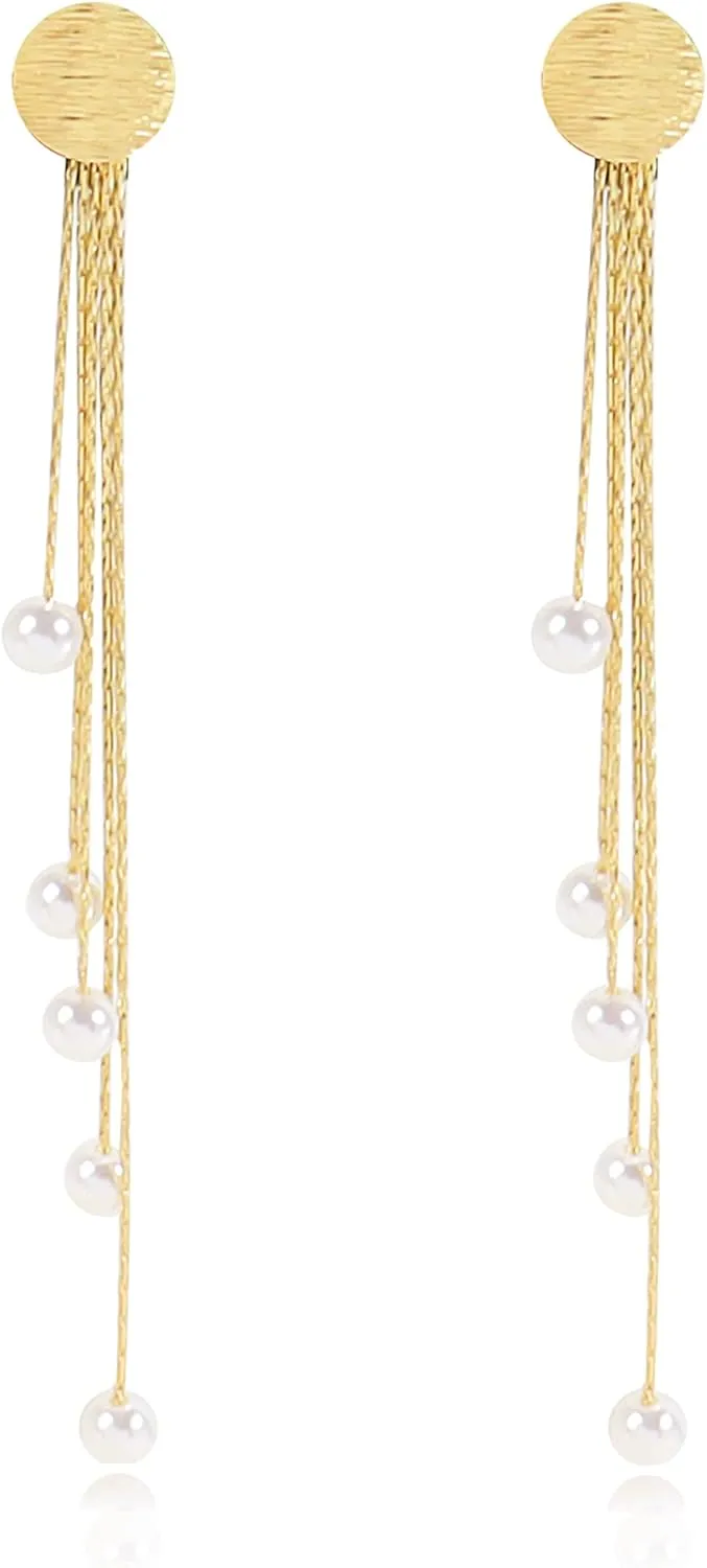 Gold Chain Tassel Earrings Butterfly Pearl Tassel Earrings Long Gold Dangle Earrings Butterfly Dangle Drop Earrings(Pearl)