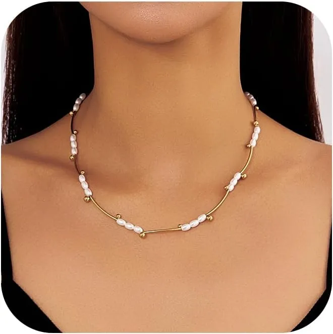 Gold Pearl Necklace, Dainty Pearl Choker Necklaces for Women Trendy Gold Plated Stainless Steel Necklaces White Small Drop Pearl Necklace Gold Jewelry Gifts for Women