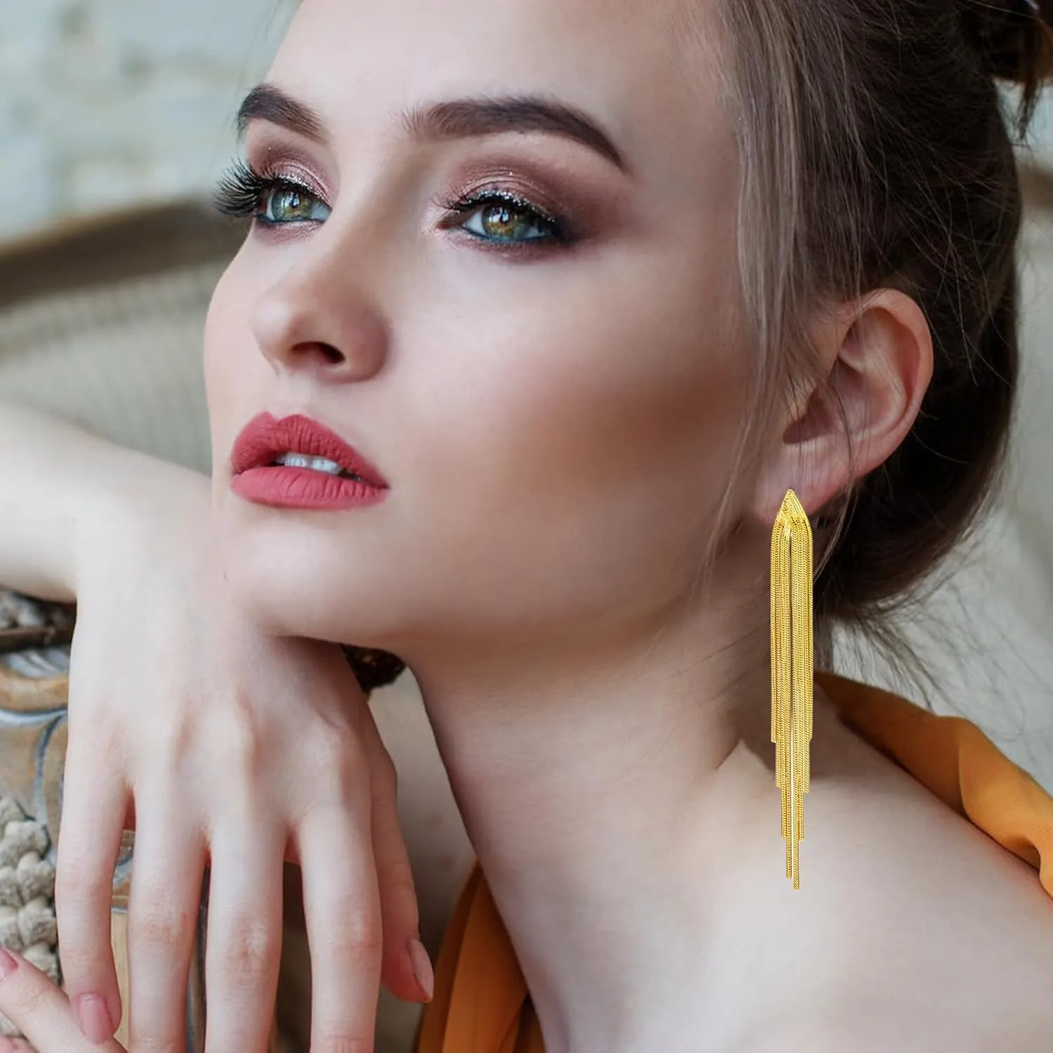 Gold Tassel Earrings for Women,Trendy Long Tassel Dangle Drop Earrings Punk Sleek Metal Chain Earrings Simple Chandelier Tassel Chain Dangle Earrings Wedding Bridesmaid Party Jewelry