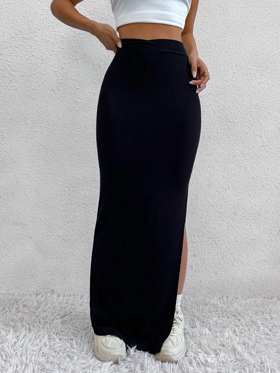 GORGLITTER Women's Vintage High Slit Thigh Maxi Skirt High Waist Bodycon Straight Skirts