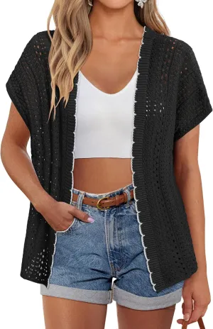 GRACE KARIN 2025 Womens Summer Lightweight Cardigan Sweater Crochet Short Sleeve Open Front Beach Knit Shrug Outwear