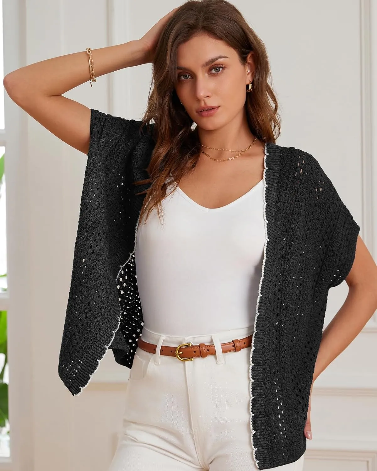 GRACE KARIN 2025 Womens Summer Lightweight Cardigan Sweater Crochet Short Sleeve Open Front Beach Knit Shrug Outwear