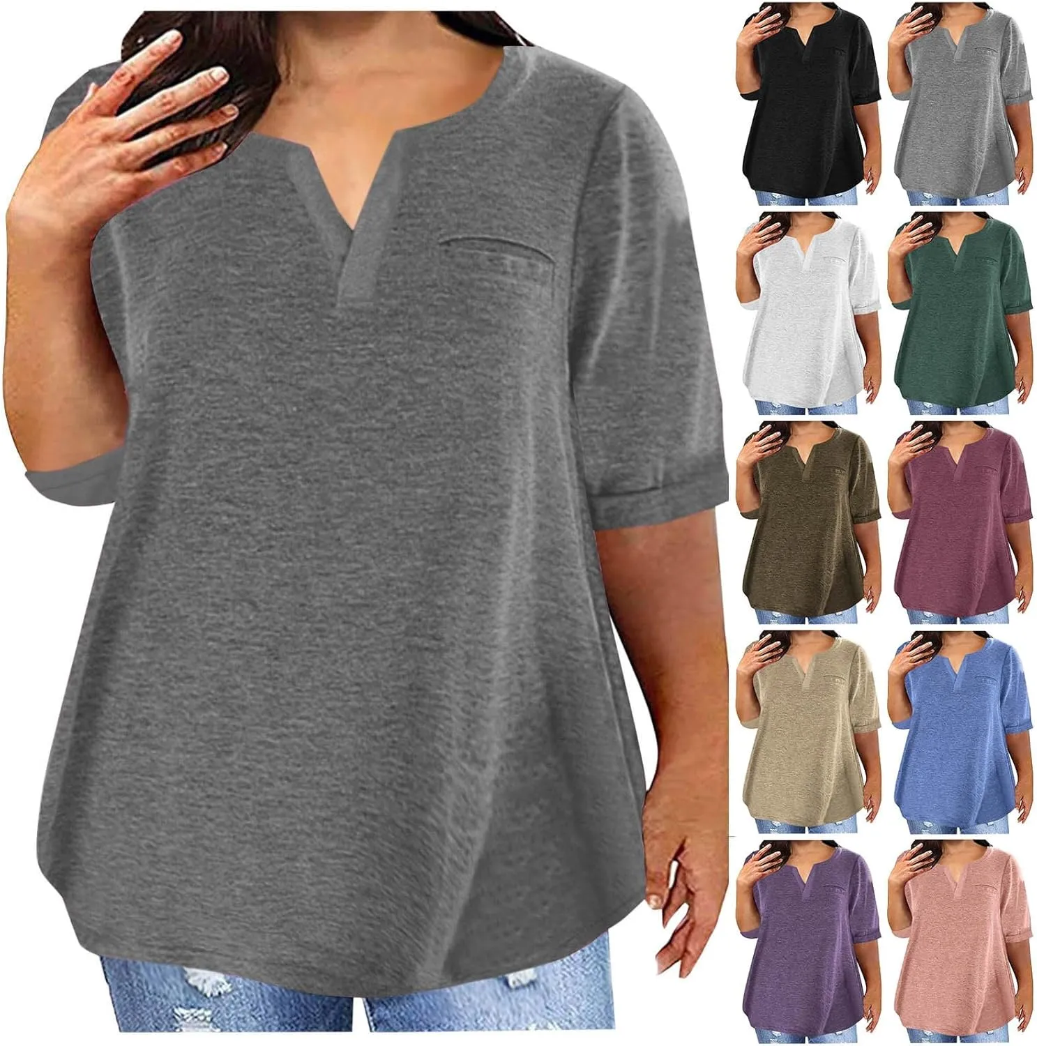 Half Sleeve Plus Size Tops for Women Notched V Neck Casual Loose Fit Tshirts Oversized Spring Summer Going Out Tees
