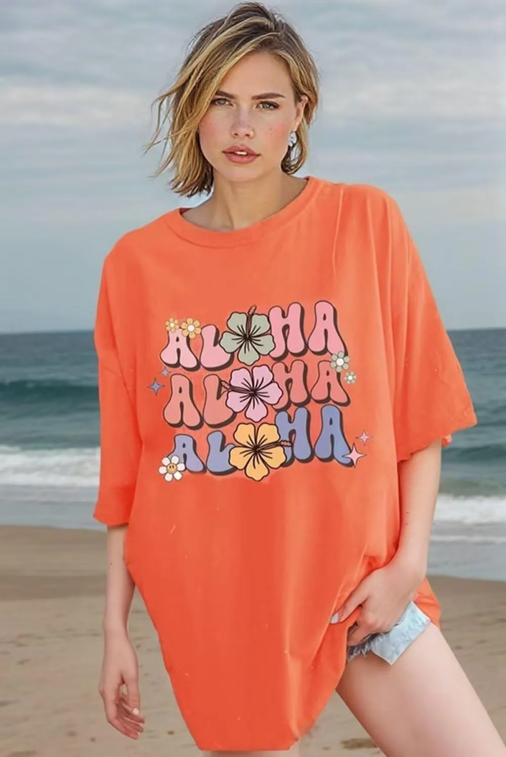 Hawaiian Oversized T Shirts for Women Cute Floral Graphic Boho Tees Tops Summer Casual Hawaii Family Vacation Shirts