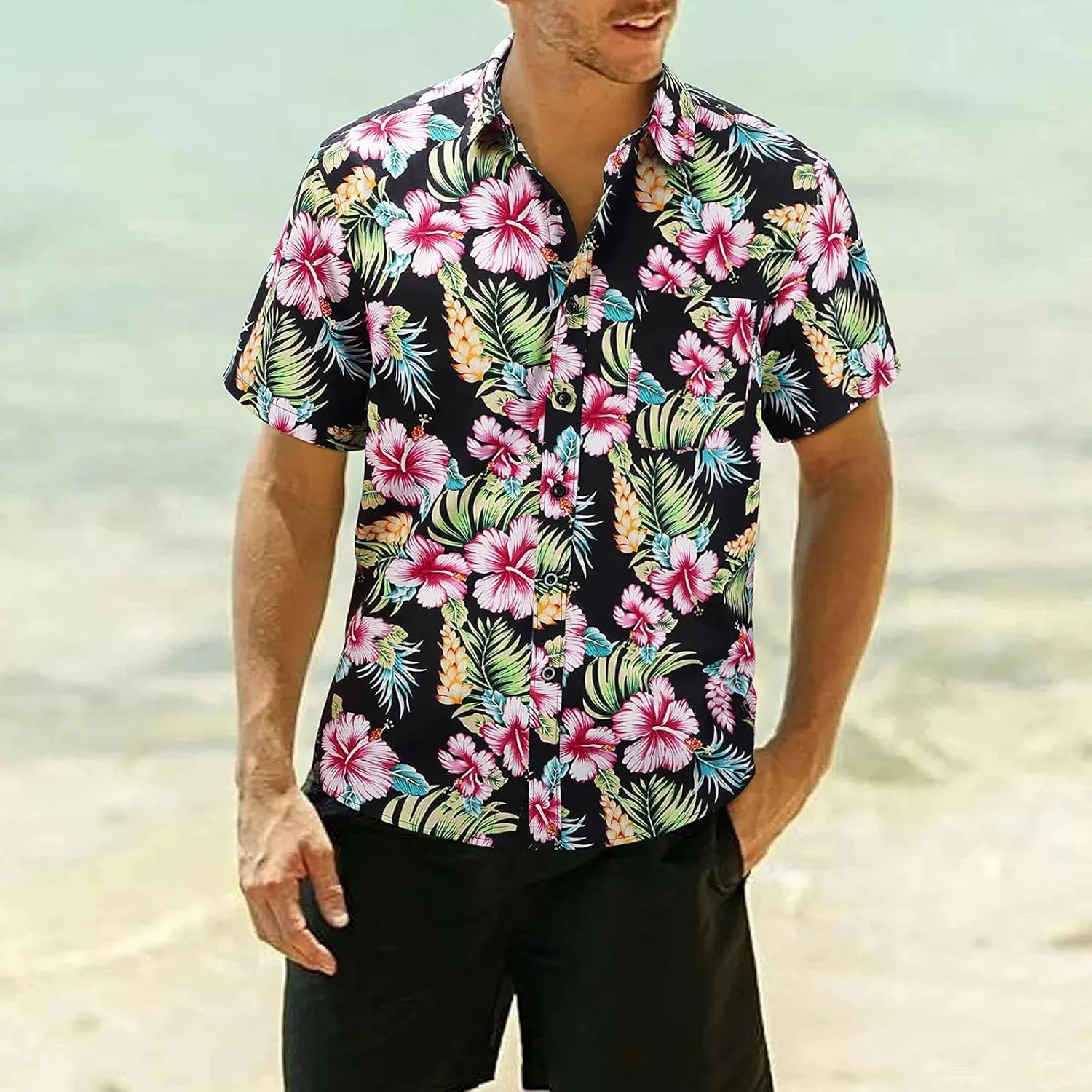 Hawaiian Shirt for Men Short Sleeve Button Down Linen Shirts Lightweight Loose Vacation Clothes Aloha