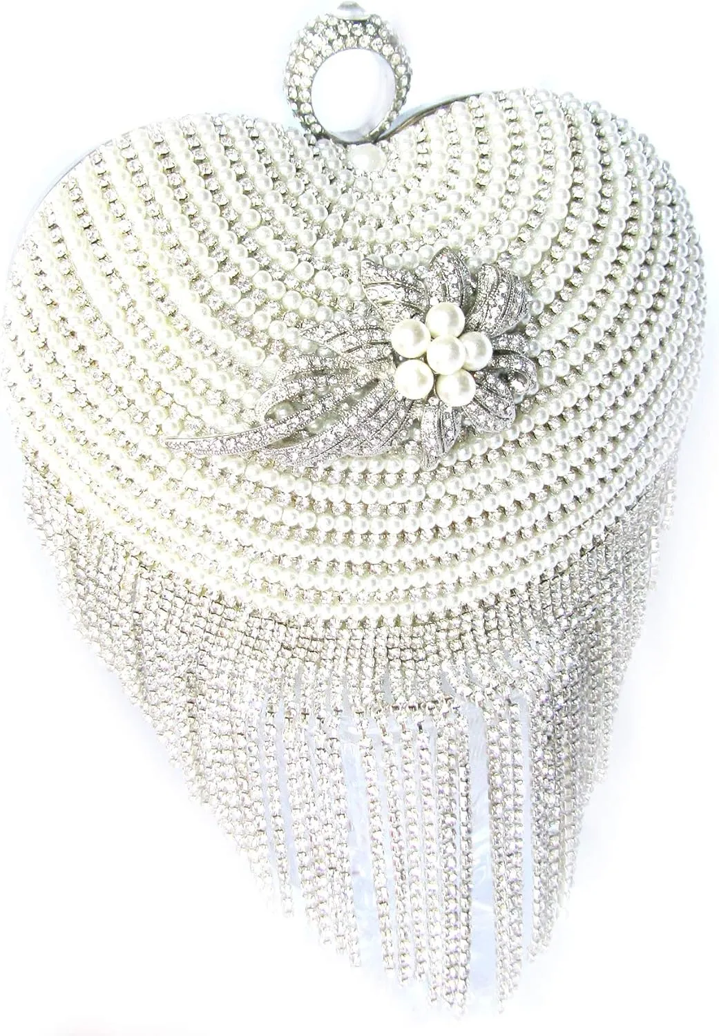 Heart Shape Hard Case Fringe Wedding Bag Clutch, Formal Evening Bag Silver Tone Clutch Crystals Accent Brooch fashion bag