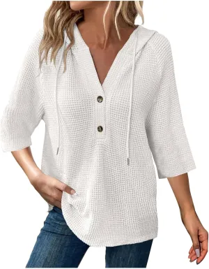 Henley Shirts for Women 3/4 Length Sleeve Button Summer Waffle Hoodies Pullover Cute Vneck Tops Elbow Sleeve Shirts
