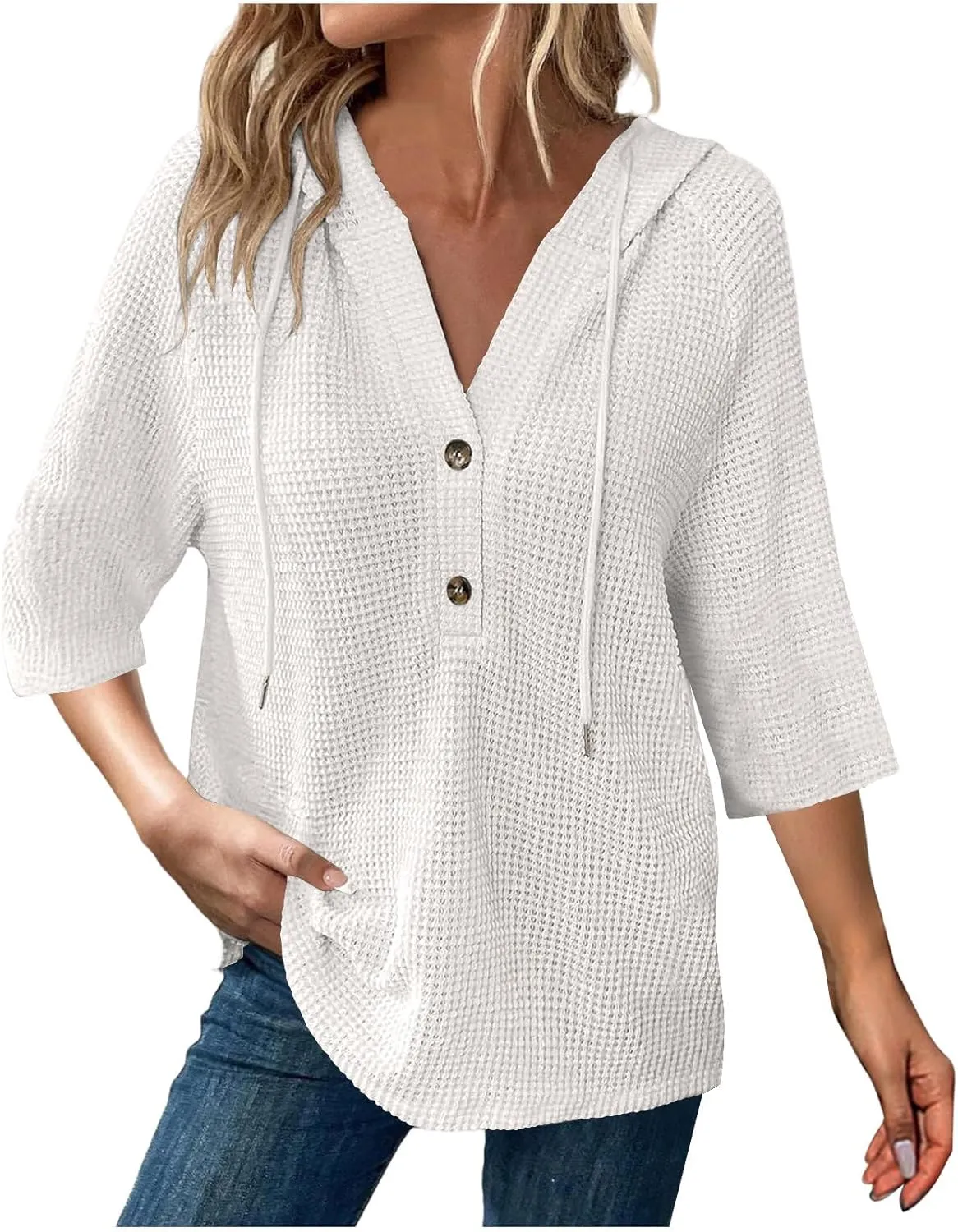 Henley Shirts for Women 3/4 Length Sleeve Button Summer Waffle Hoodies Pullover Cute Vneck Tops Elbow Sleeve Shirts