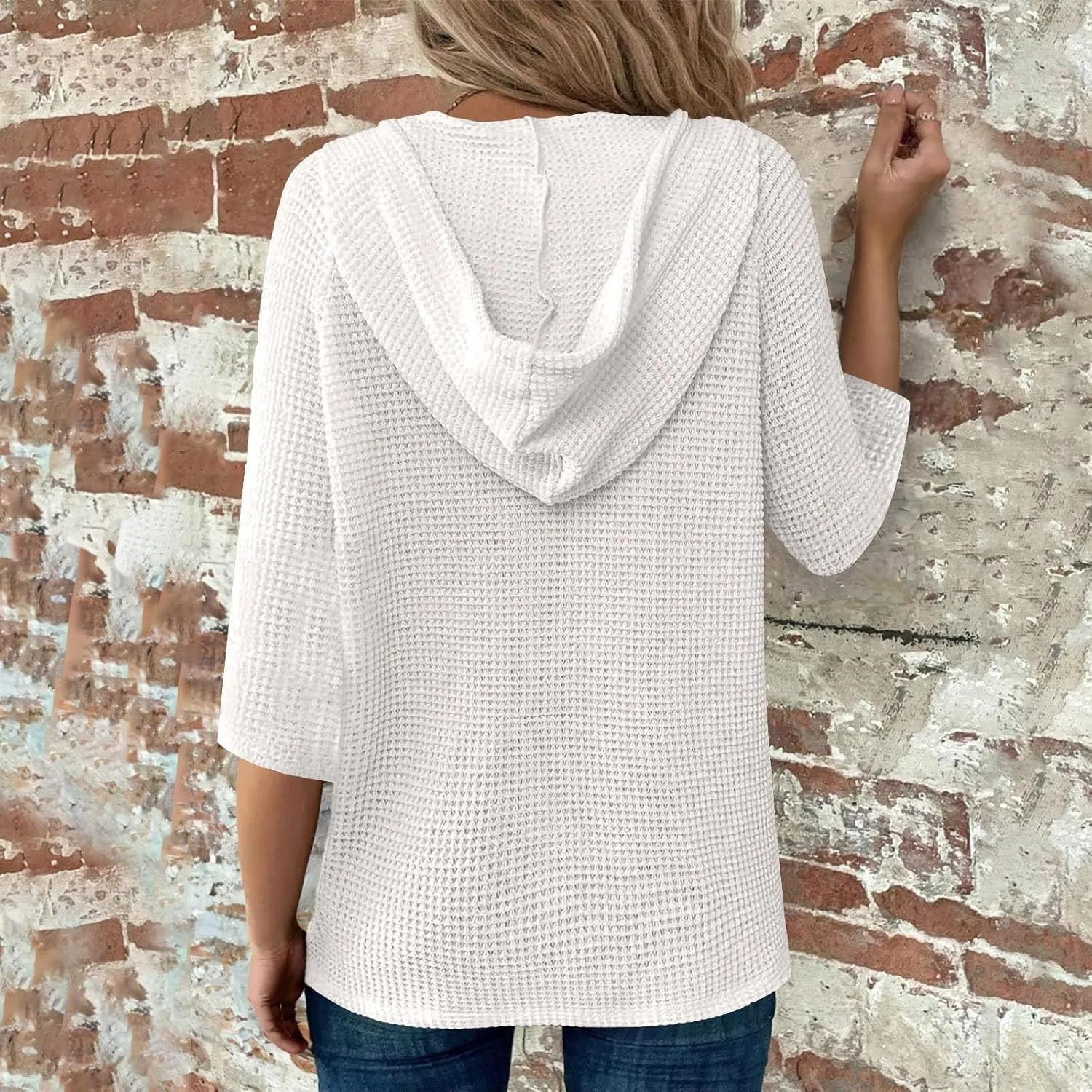 Henley Shirts for Women 3/4 Length Sleeve Button Summer Waffle Hoodies Pullover Cute Vneck Tops Elbow Sleeve Shirts