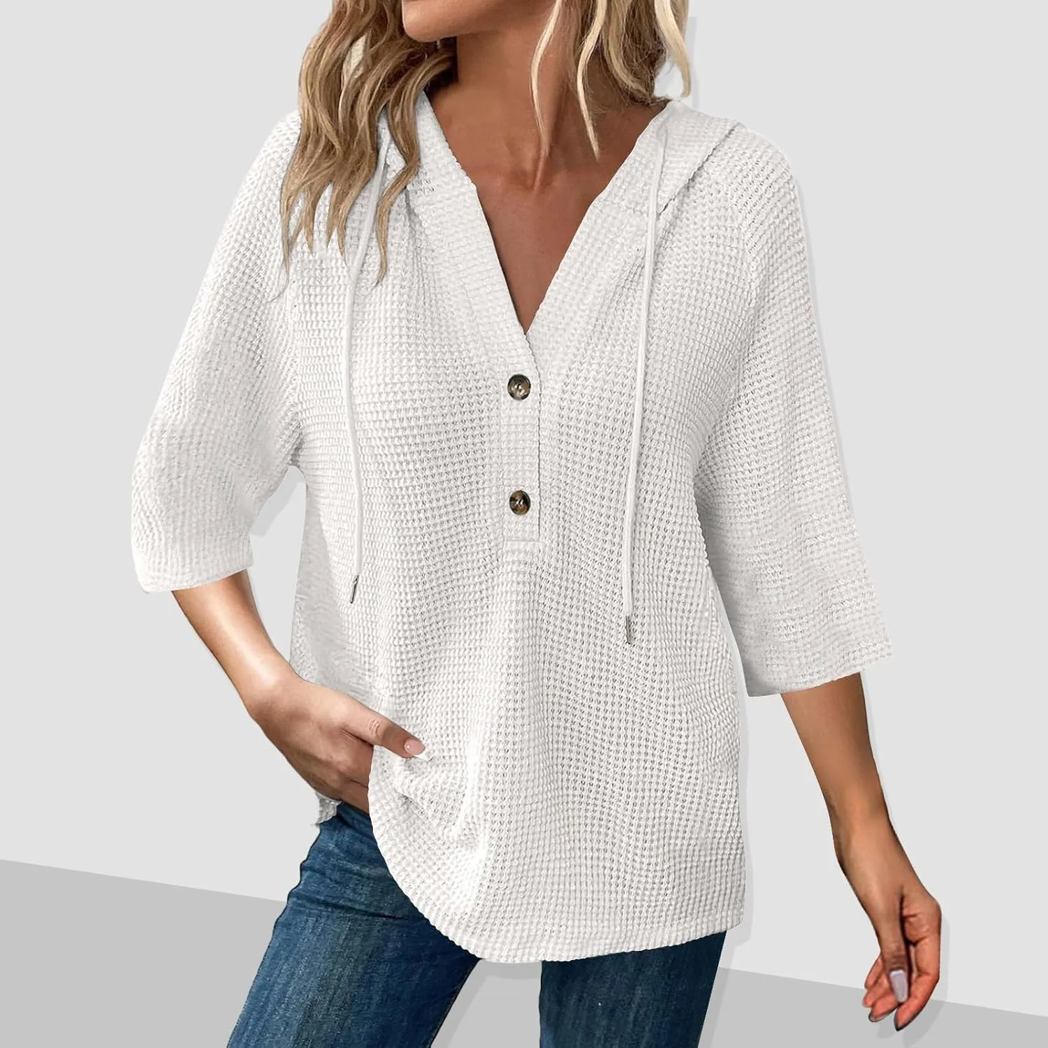 Henley Shirts for Women 3/4 Length Sleeve Button Summer Waffle Hoodies Pullover Cute Vneck Tops Elbow Sleeve Shirts