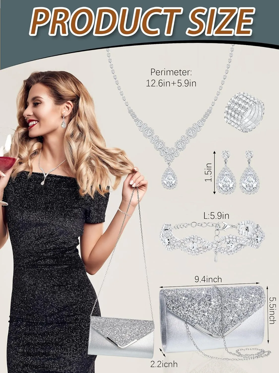 Henoyso 5 Pcs Purse Rhinestone Jewelry Set Prom Jewelry Rhinestone Clutch Purse Bride Necklace Earrings Bracelets for Women
