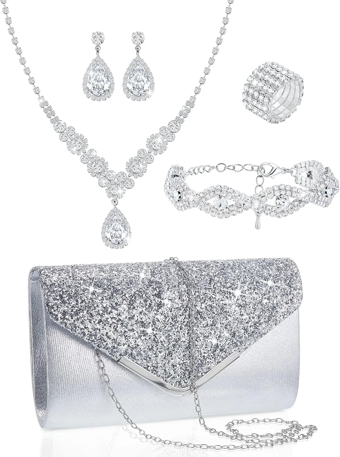 Henoyso 5 Pcs Purse Rhinestone Jewelry Set Prom Jewelry Rhinestone Clutch Purse Bride Necklace Earrings Bracelets for Women