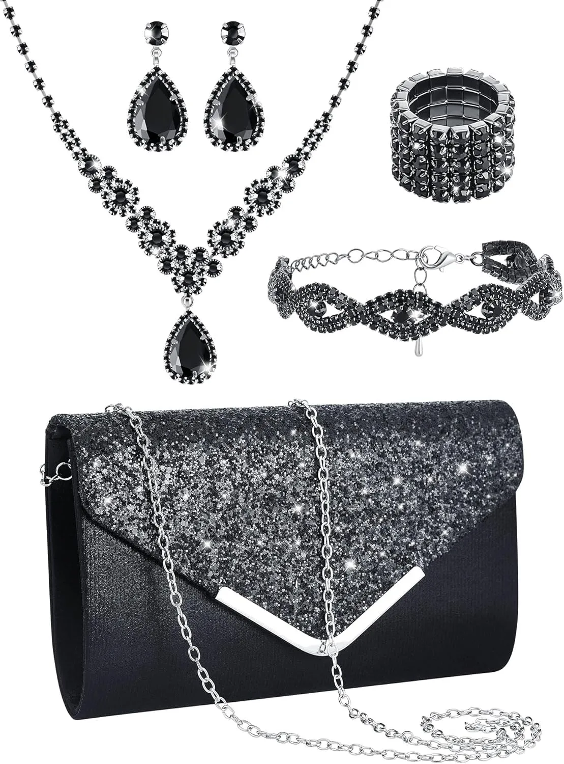 Henoyso 5 Pcs Purse Rhinestone Jewelry Set Prom Jewelry Rhinestone Clutch Purse Bride Necklace Earrings Bracelets for Women