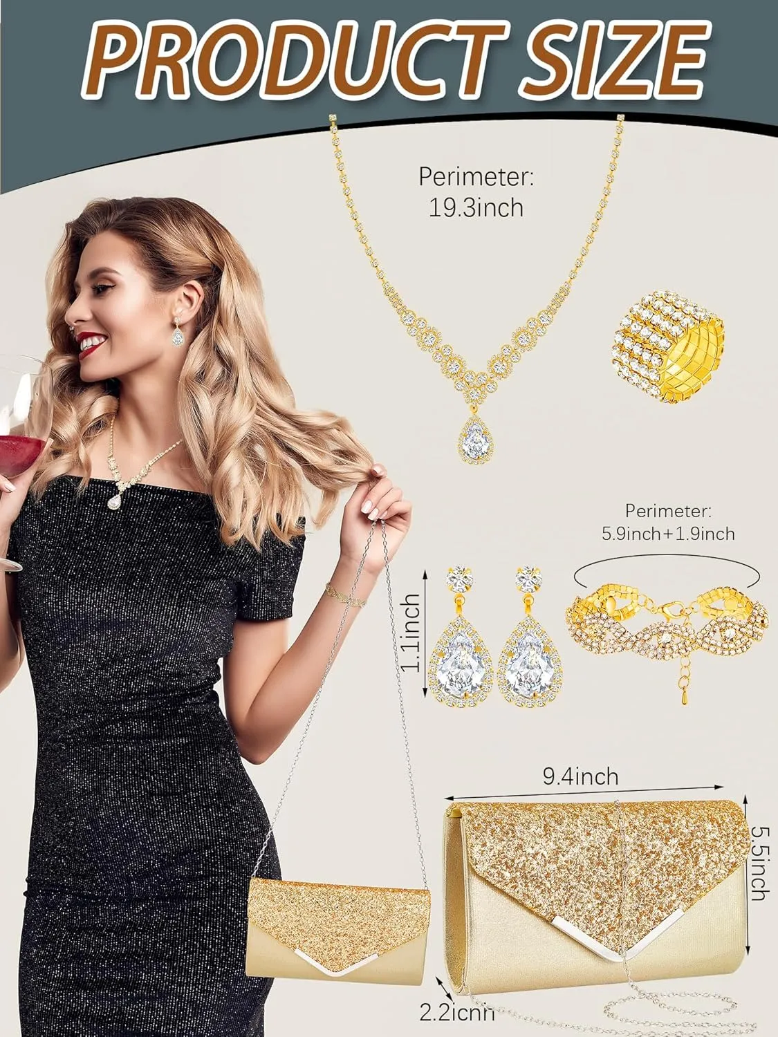 Henoyso 5 Pcs Purse Rhinestone Jewelry Set Prom Jewelry Rhinestone Clutch Purse Bride Necklace Earrings Bracelets for Women