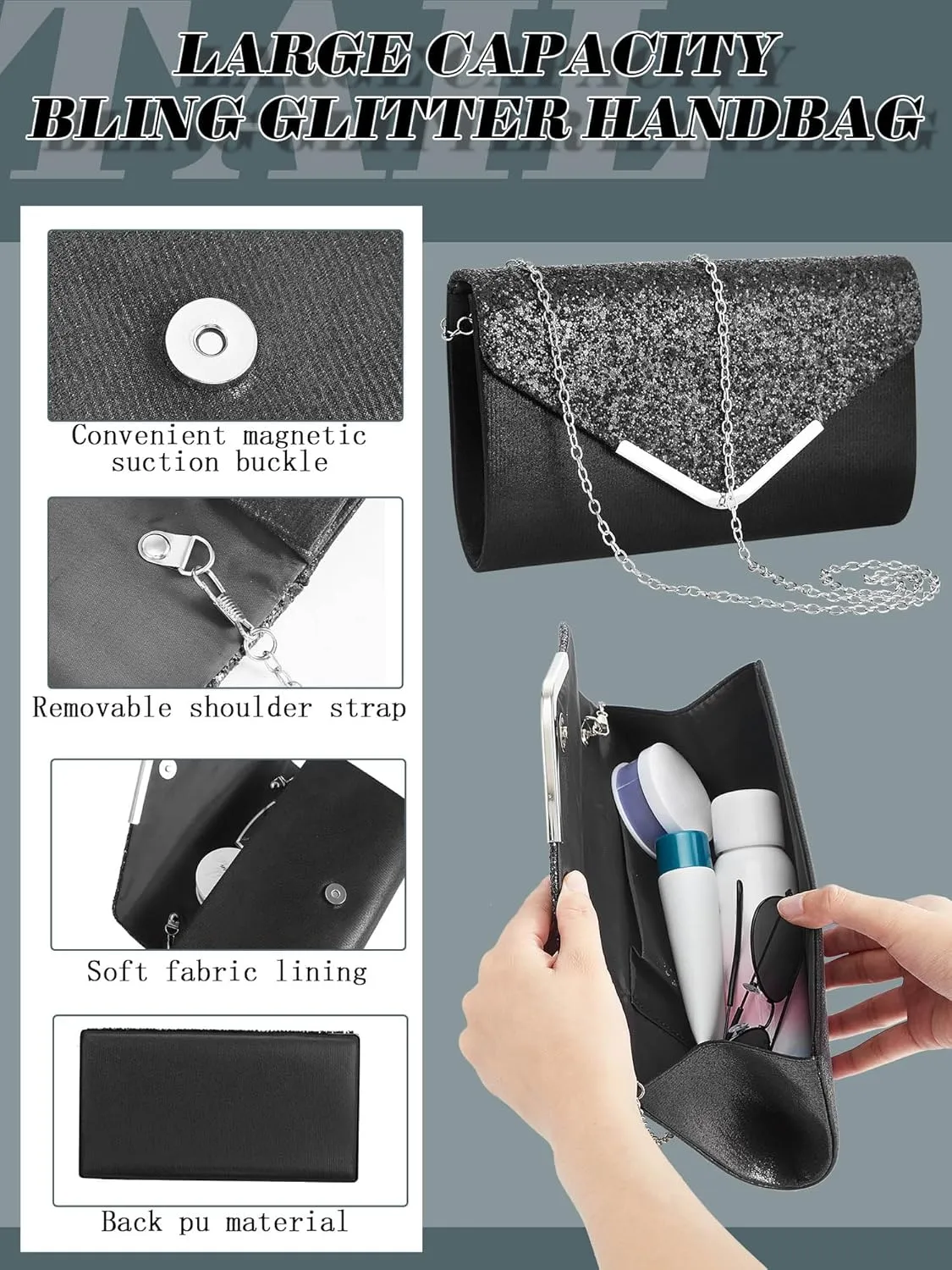 Henoyso 5 Pcs Purse Rhinestone Jewelry Set Prom Jewelry Rhinestone Clutch Purse Bride Necklace Earrings Bracelets for Women
