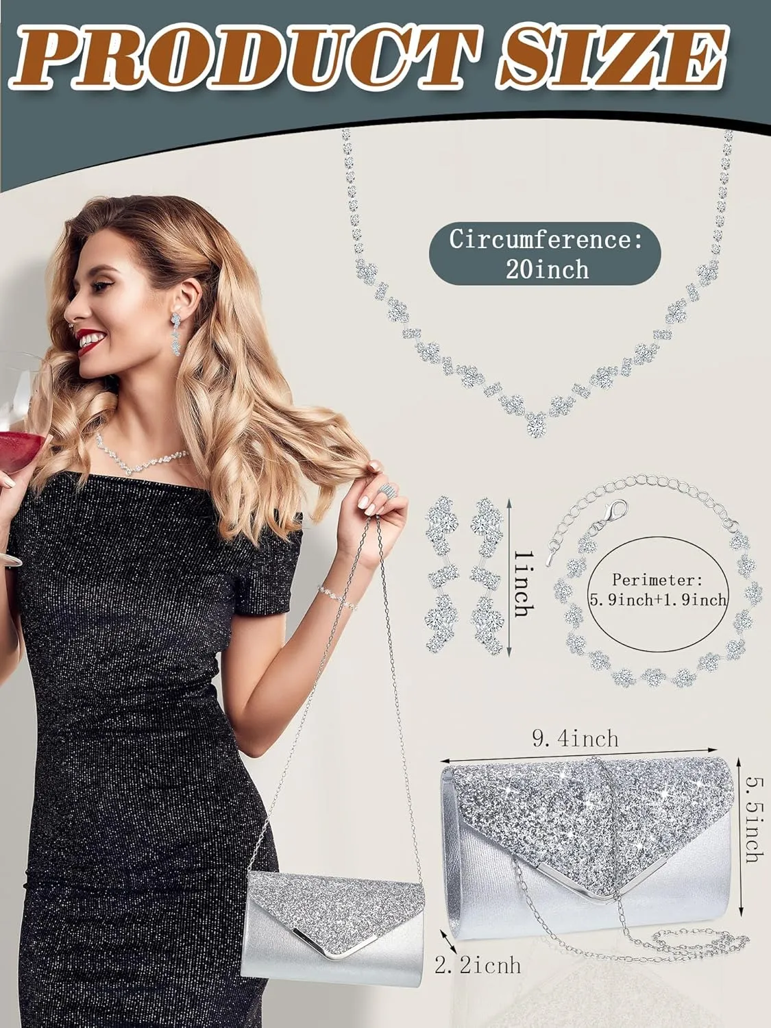 Henoyso 5 Pcs Purse Rhinestone Jewelry Set Prom Jewelry Rhinestone Clutch Purse Bride Necklace Earrings Bracelets for Women