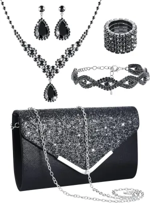 Henoyso 5 Pcs Purse Rhinestone Jewelry Set Prom Jewelry Rhinestone Clutch Purse Bride Necklace Earrings Bracelets for Women