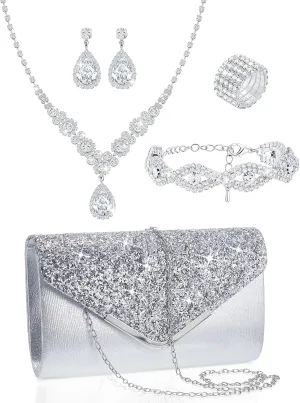 Henoyso 5 Pcs Purse Rhinestone Jewelry Set Prom Jewelry Rhinestone Clutch Purse Bride Necklace Earrings Bracelets for Women
