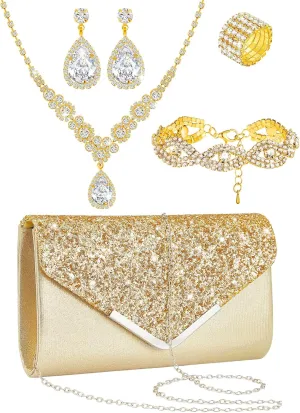 Henoyso 5 Pcs Purse Rhinestone Jewelry Set Prom Jewelry Rhinestone Clutch Purse Bride Necklace Earrings Bracelets for Women