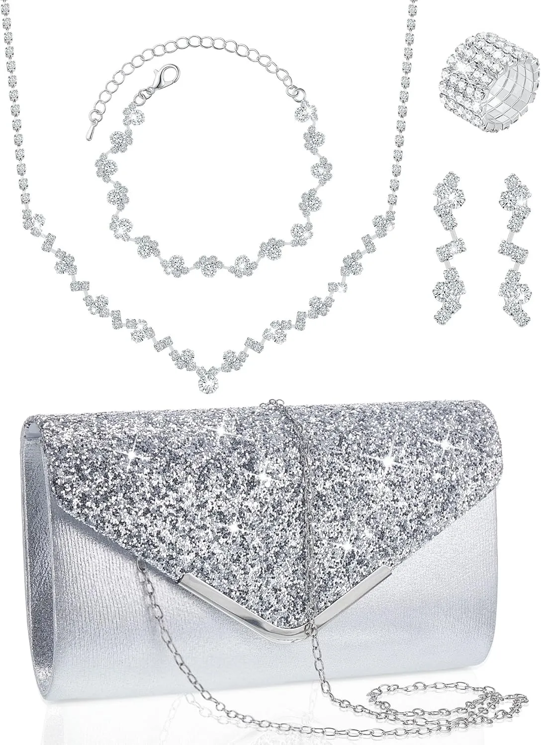 Henoyso 5 Pcs Purse Rhinestone Jewelry Set Prom Jewelry Rhinestone Clutch Purse Bride Necklace Earrings Bracelets for Women