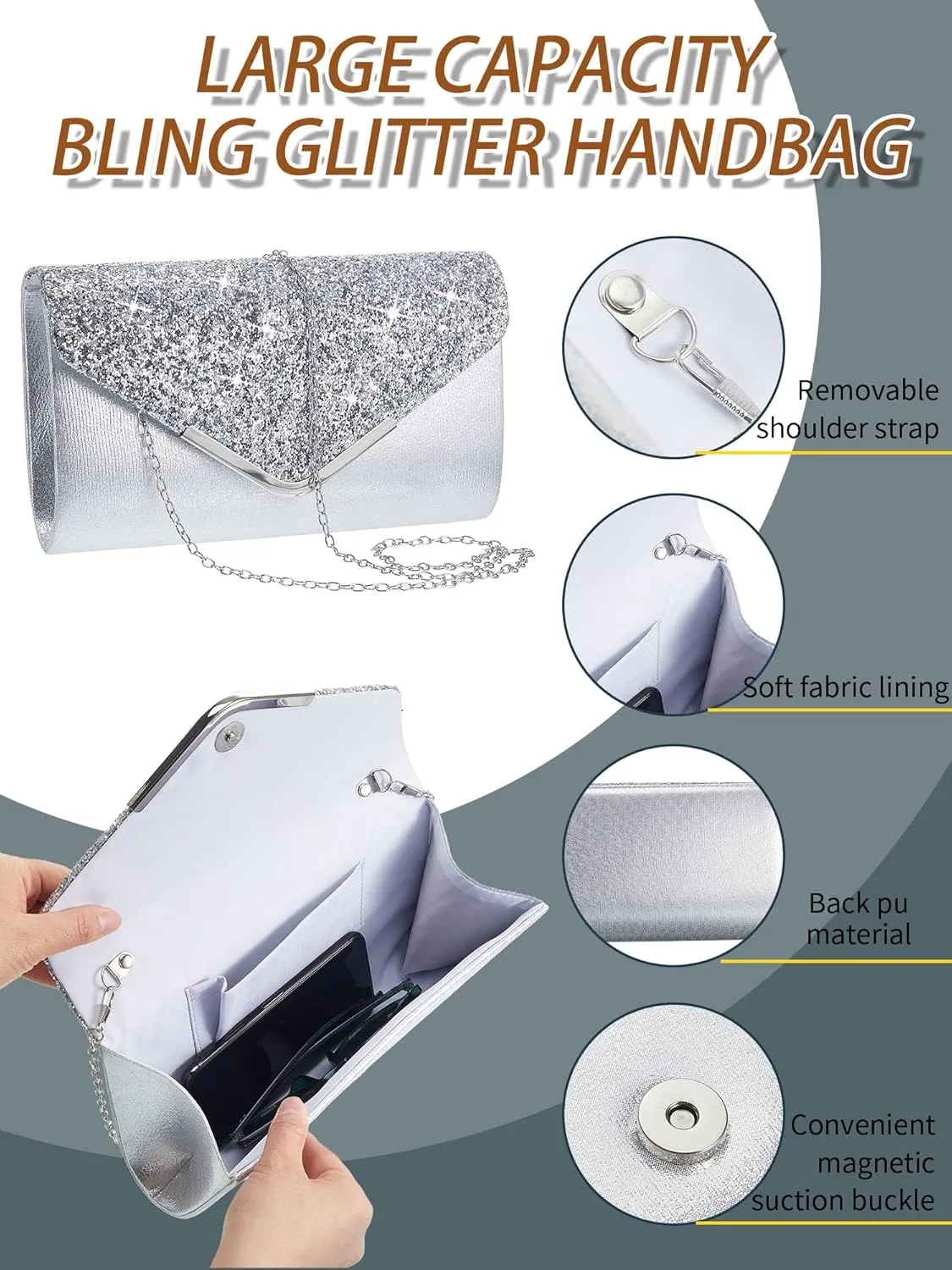 Henoyso 5 Pcs Purse Rhinestone Jewelry Set Prom Jewelry Rhinestone Clutch Purse Bride Necklace Earrings Bracelets for Women