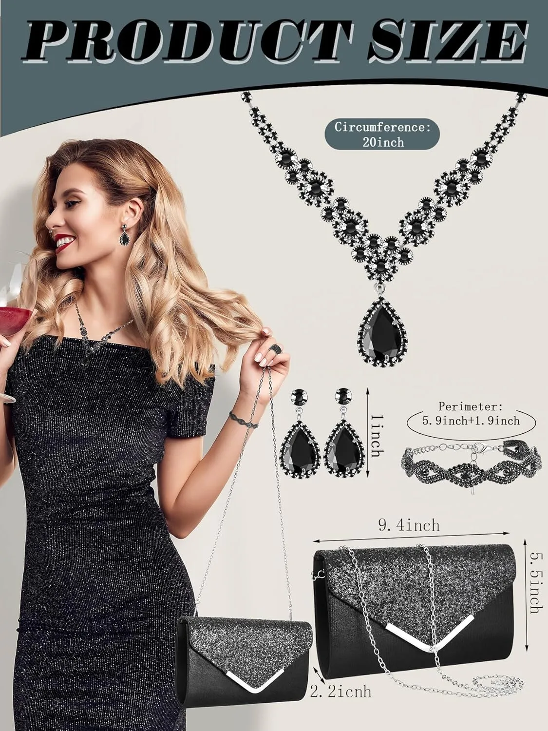 Henoyso 5 Pcs Purse Rhinestone Jewelry Set Prom Jewelry Rhinestone Clutch Purse Bride Necklace Earrings Bracelets for Women