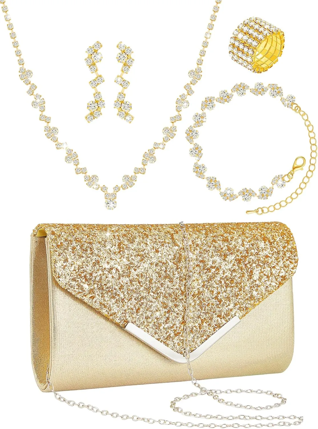 Henoyso 5 Pcs Purse Rhinestone Jewelry Set Prom Jewelry Rhinestone Clutch Purse Bride Necklace Earrings Bracelets for Women