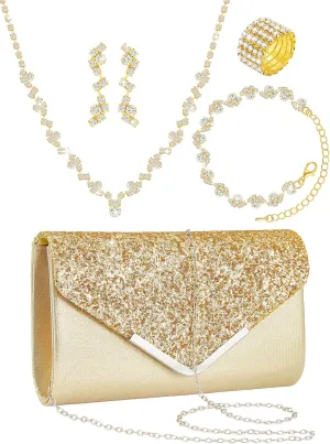 Henoyso 5 Pcs Purse Rhinestone Jewelry Set Prom Jewelry Rhinestone Clutch Purse Bride Necklace Earrings Bracelets for Women