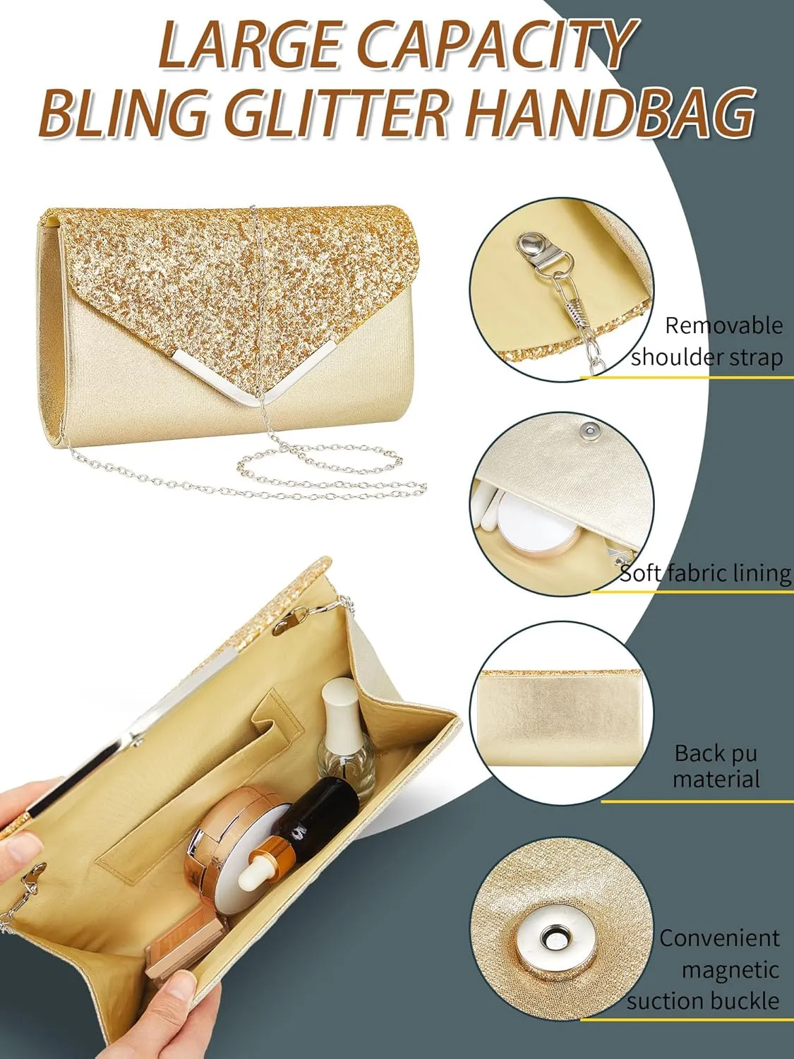 Henoyso 5 Pcs Purse Rhinestone Jewelry Set Prom Jewelry Rhinestone Clutch Purse Necklace Earrings Bracelets for Wedding Women Bride