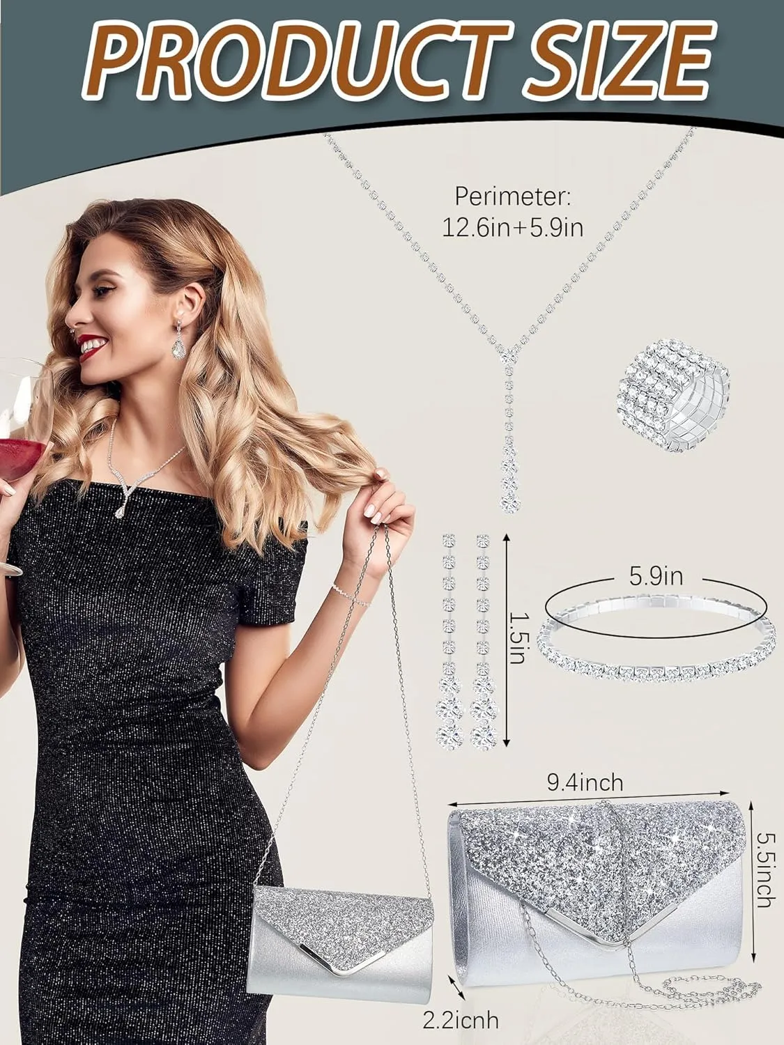 Henoyso 5 Pcs Purse Rhinestone Jewelry Set Prom Jewelry Rhinestone Clutch Purse Necklace Earrings Bracelets for Wedding Women Bride