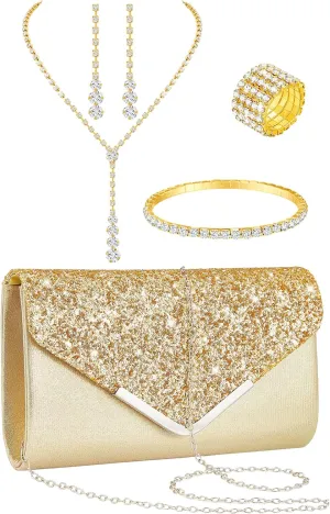 Henoyso 5 Pcs Purse Rhinestone Jewelry Set Prom Jewelry Rhinestone Clutch Purse Necklace Earrings Bracelets for Wedding Women Bride