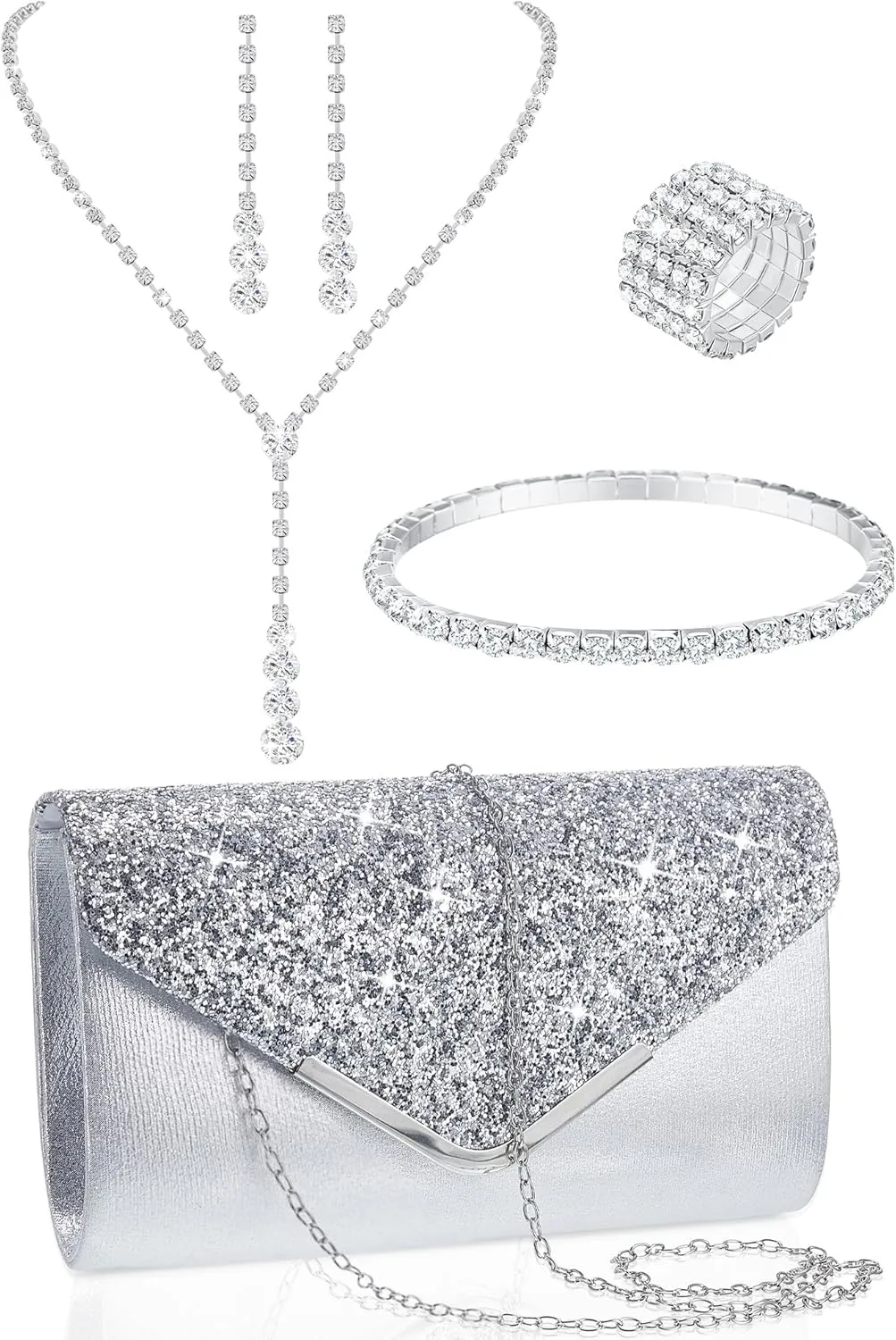 Henoyso 5 Pcs Purse Rhinestone Jewelry Set Prom Jewelry Rhinestone Clutch Purse Necklace Earrings Bracelets for Wedding Women Bride