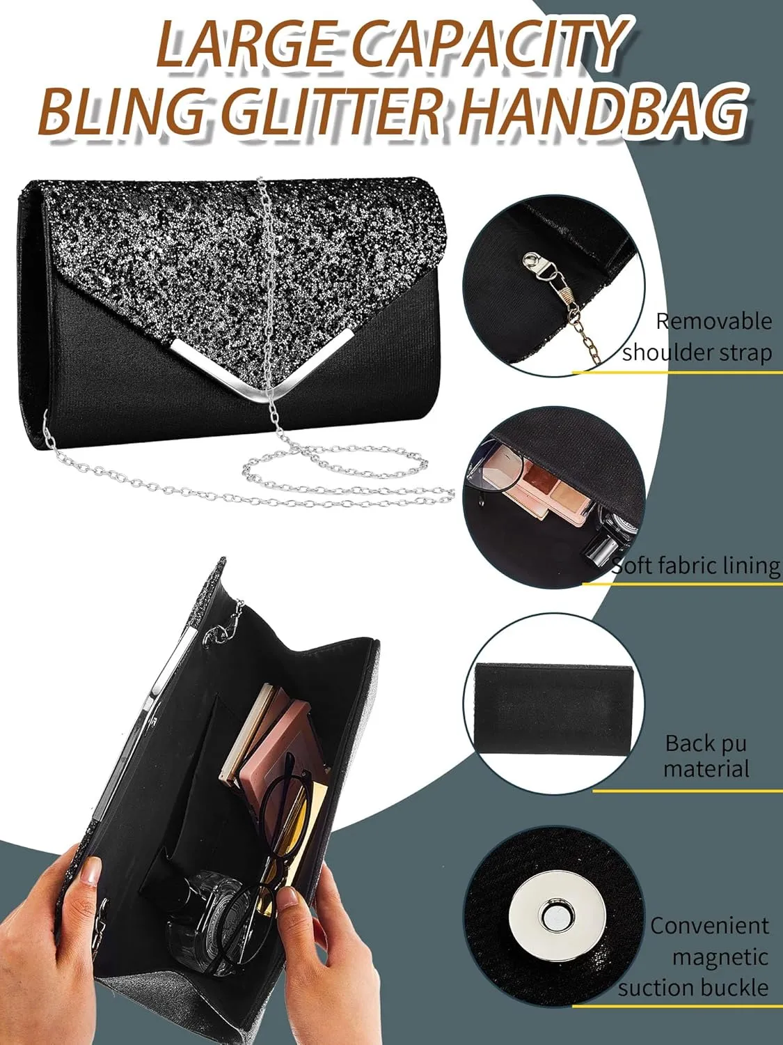 Henoyso 5 Pcs Purse Rhinestone Jewelry Set Prom Jewelry Rhinestone Clutch Purse Necklace Earrings Bracelets for Wedding Women Bride
