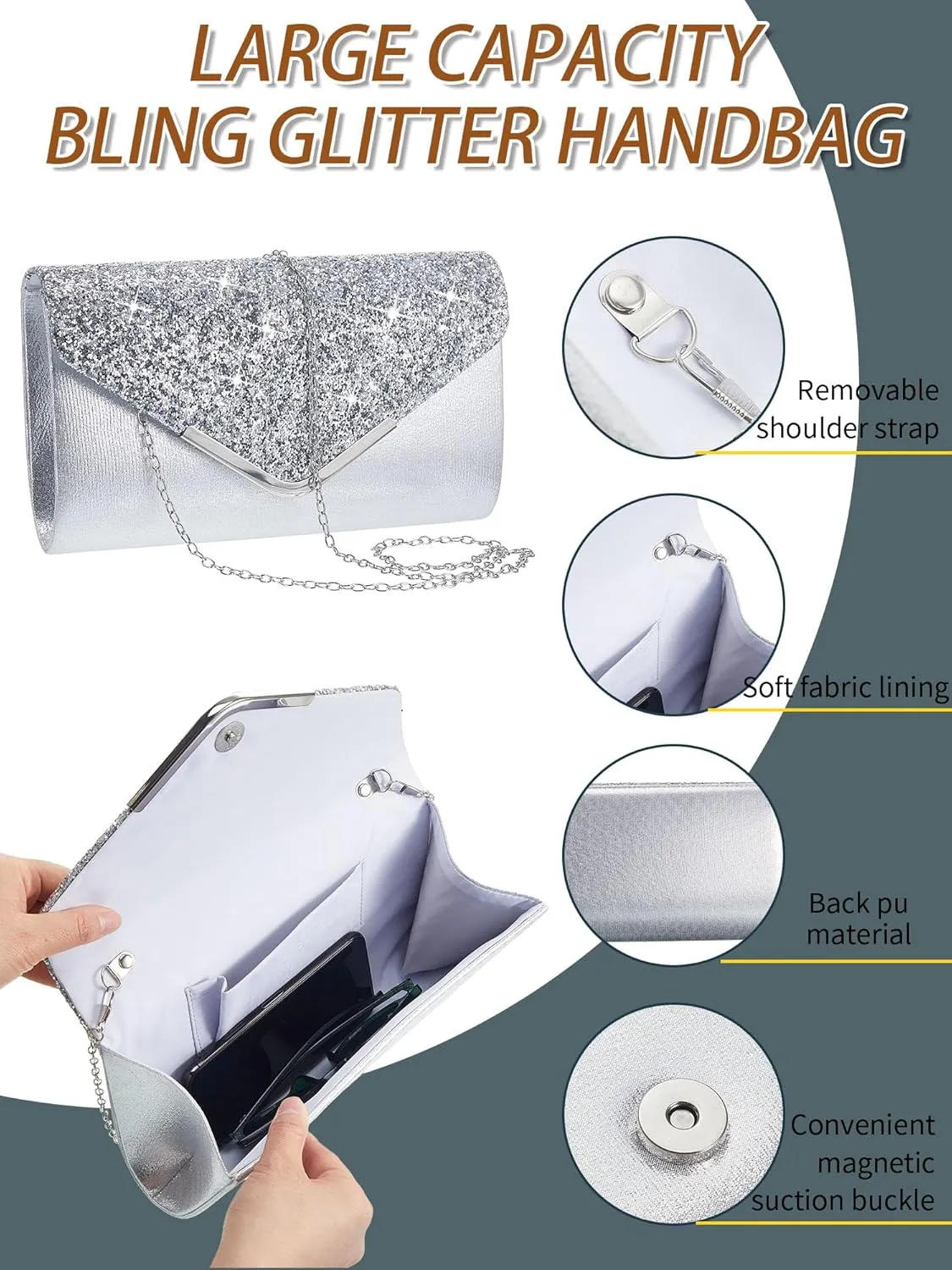 Henoyso 5 Pcs Purse Rhinestone Jewelry Set Prom Jewelry Rhinestone Clutch Purse Necklace Earrings Bracelets for Wedding Women Bride