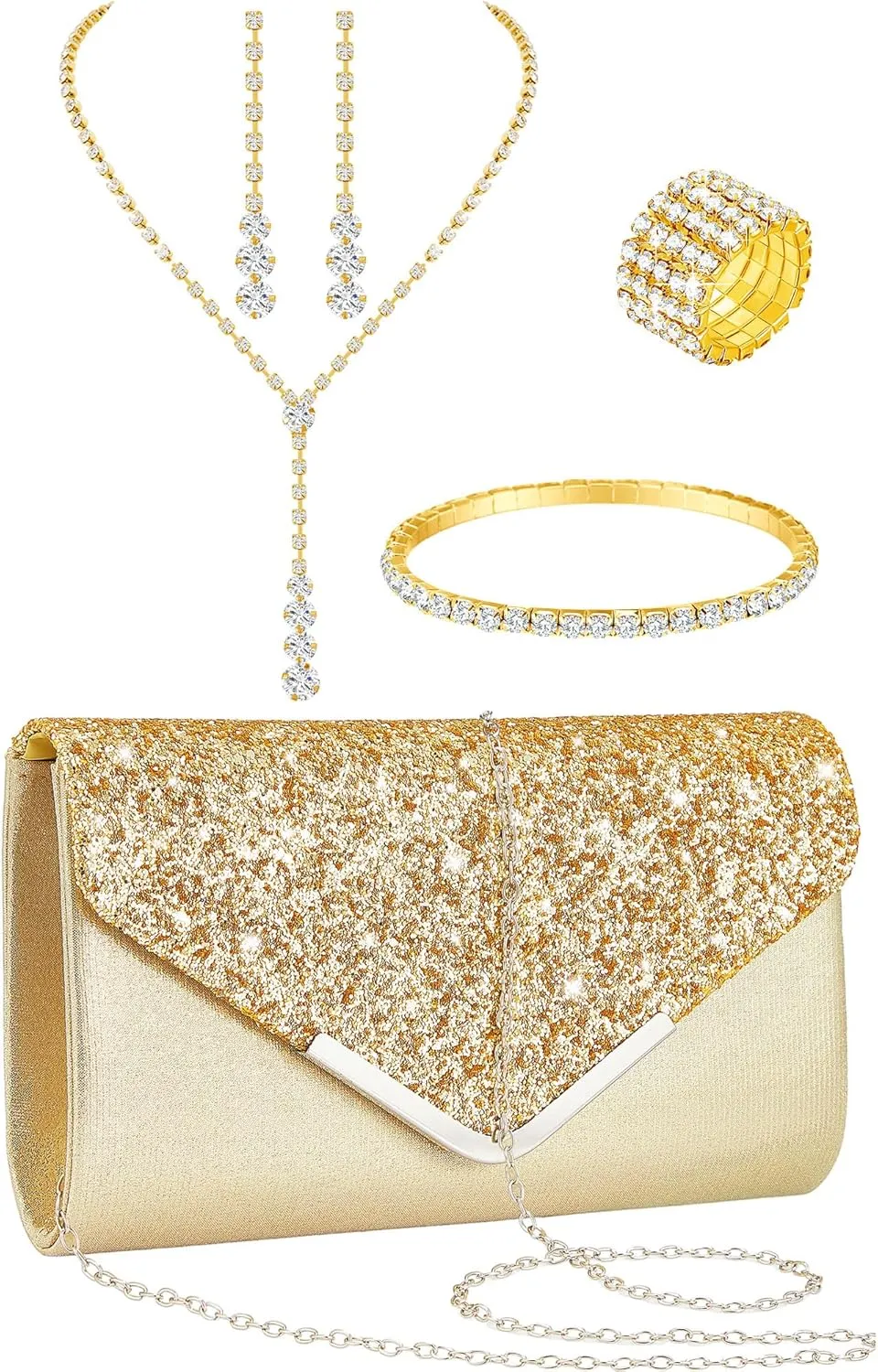 Henoyso 5 Pcs Purse Rhinestone Jewelry Set Prom Jewelry Rhinestone Clutch Purse Necklace Earrings Bracelets for Wedding Women Bride