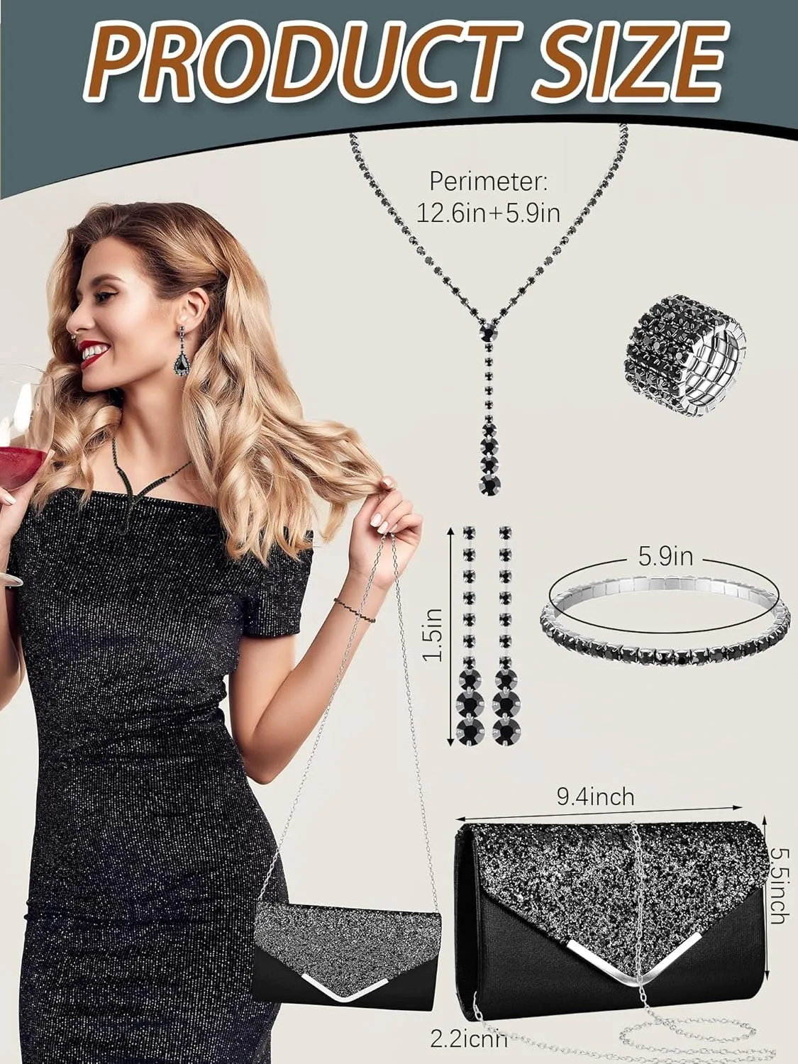 Henoyso 5 Pcs Purse Rhinestone Jewelry Set Prom Jewelry Rhinestone Clutch Purse Necklace Earrings Bracelets for Wedding Women Bride