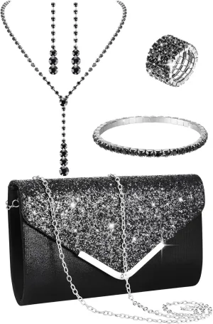 Henoyso 5 Pcs Purse Rhinestone Jewelry Set Prom Jewelry Rhinestone Clutch Purse Necklace Earrings Bracelets for Wedding Women Bride