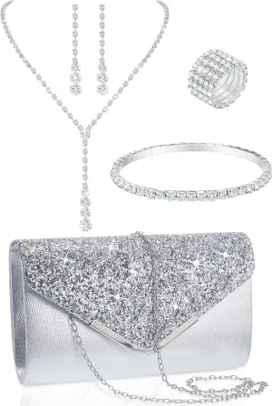 Henoyso 5 Pcs Purse Rhinestone Jewelry Set Prom Jewelry Rhinestone Clutch Purse Necklace Earrings Bracelets for Wedding Women Bride