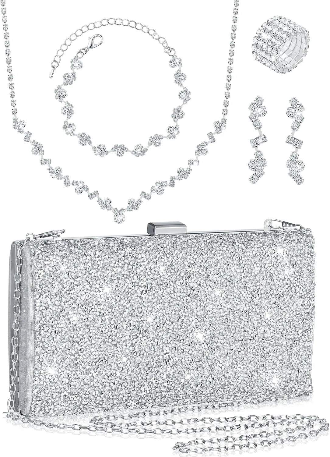 Henoyso 5 Pcs Purse Rhinestone Jewelry Set Rhinestone Clutch Purse Bride Prom Jewelry Necklace Earrings Bracelets for Women
