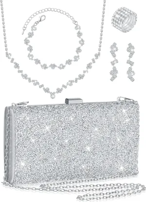 Henoyso 5 Pcs Purse Rhinestone Jewelry Set Rhinestone Clutch Purse Bride Prom Jewelry Necklace Earrings Bracelets for Women