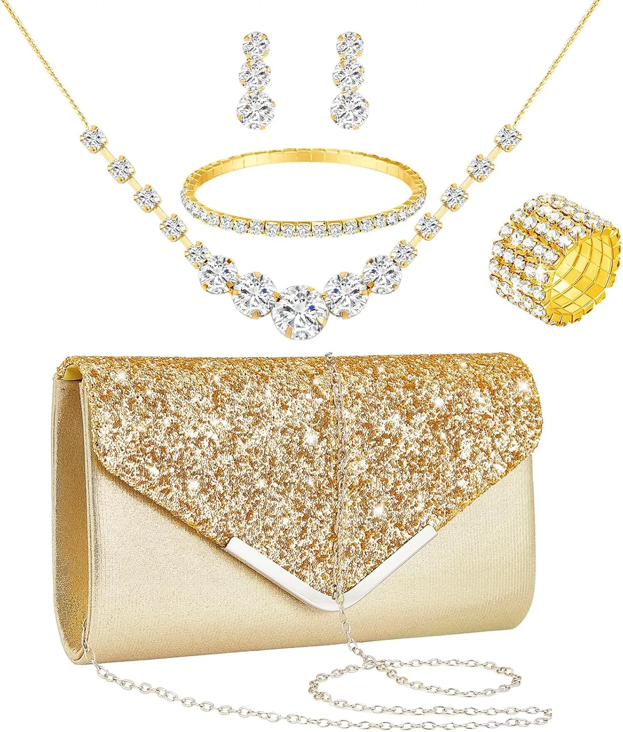Henoyso 5 Pcs Rhinestone Jewelry Set Prom Jewelry Rhinestone Clutch Purse Necklace Earrings Bracelets for Bride Women Evening Party Wedding